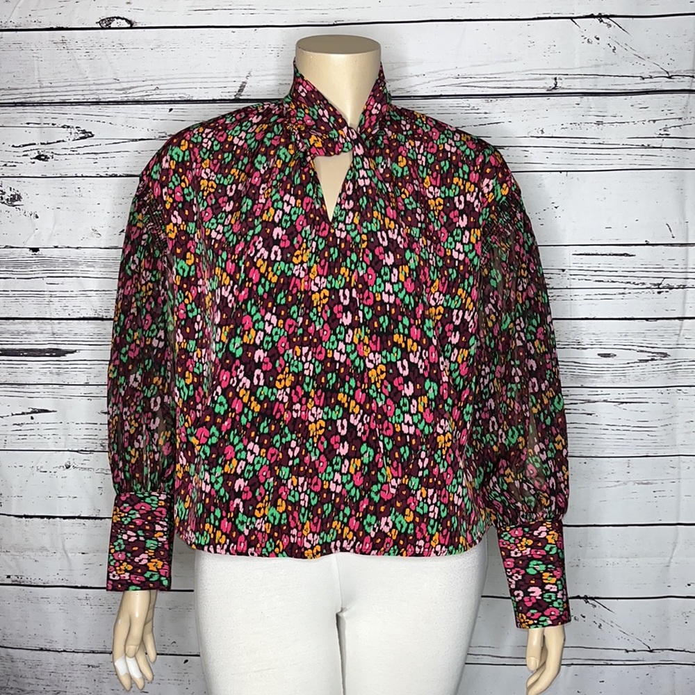Who What Wear NWT Size XL Abstract Floral Print Tie Neck Chiffon Sleeve Blouse